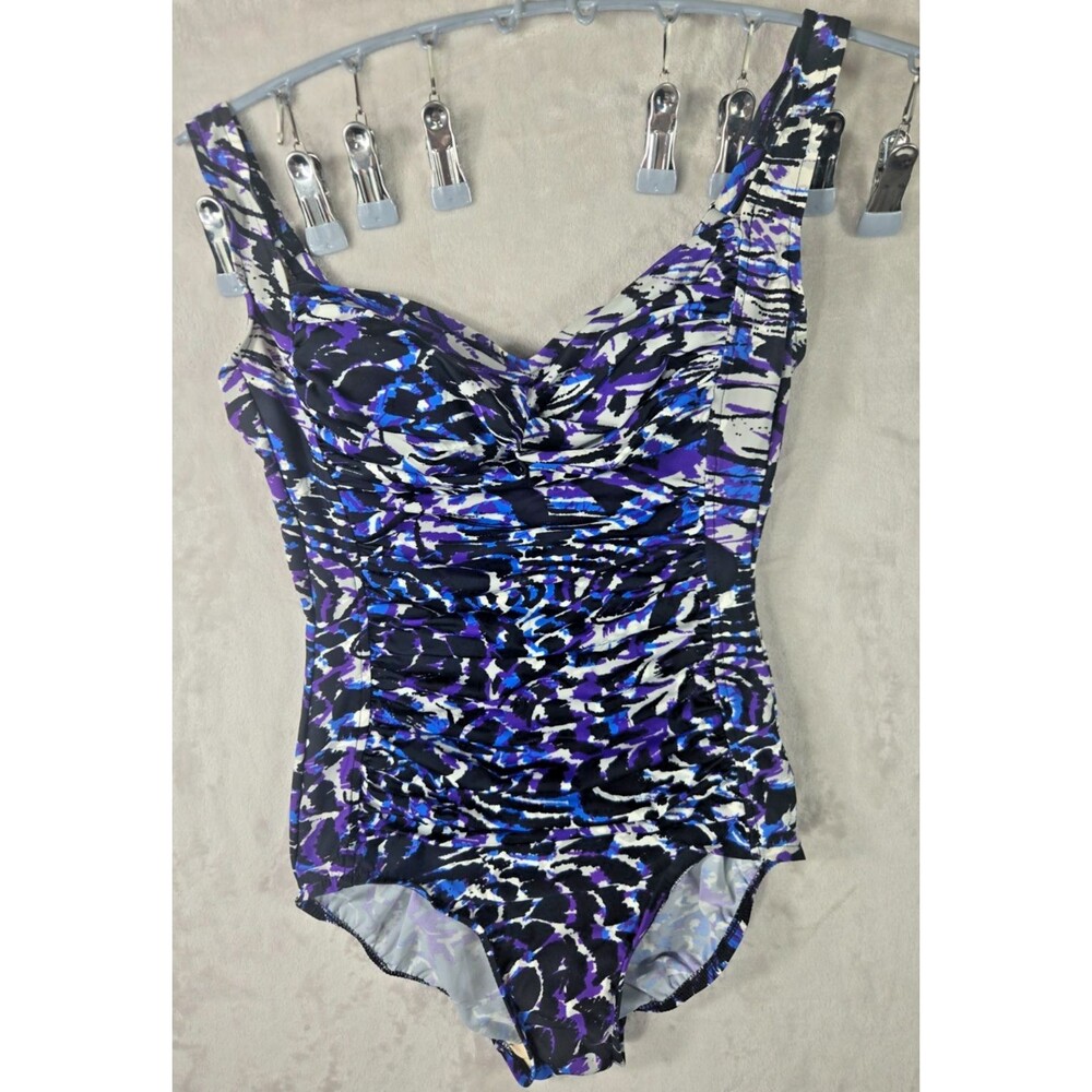 Trimshaper One Piece Swimsuit Sz 10 Purple Abstract Ruched Tummy Control Retro